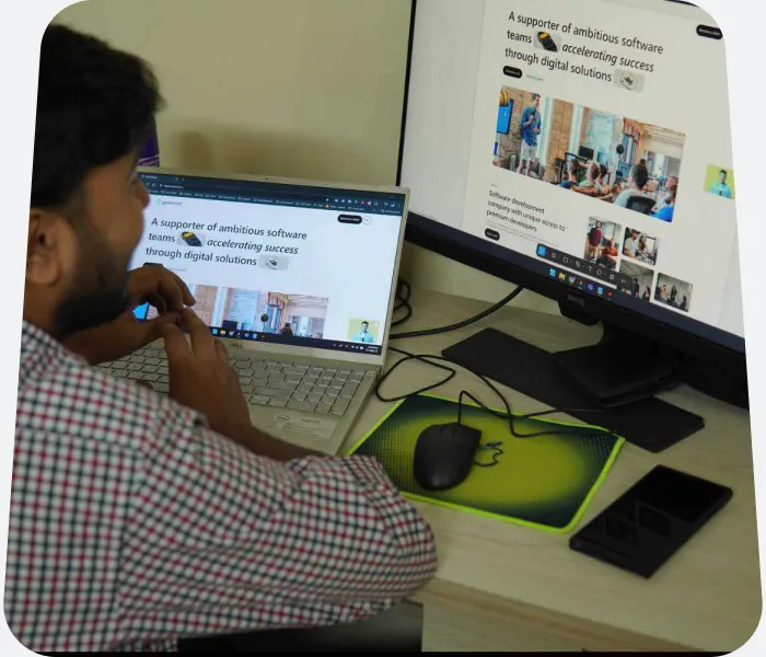 A designer reviewing the Geekssort site on a desktop monitor