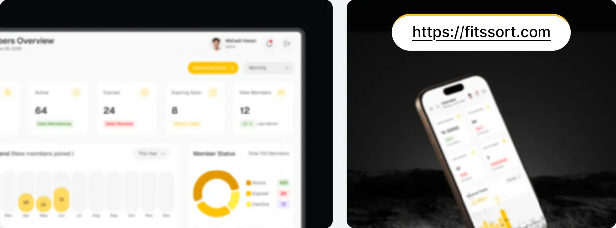 The members overview screen beside the FitSSort app running on a phone.