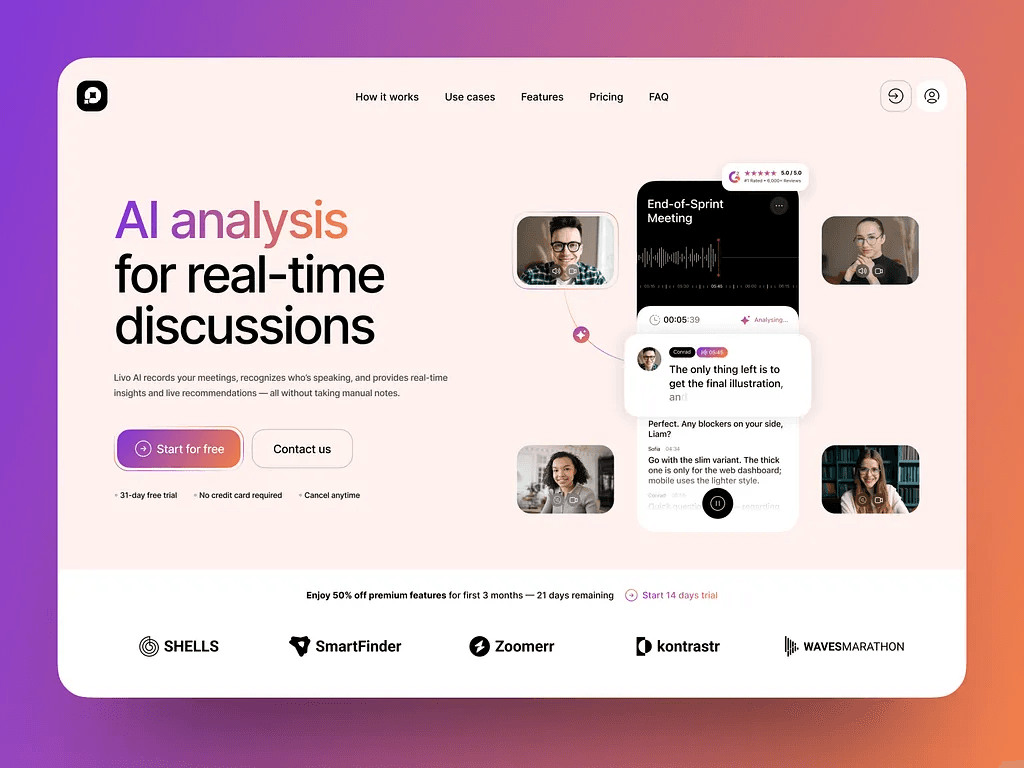 Landing page for a team meeting and collaboration product