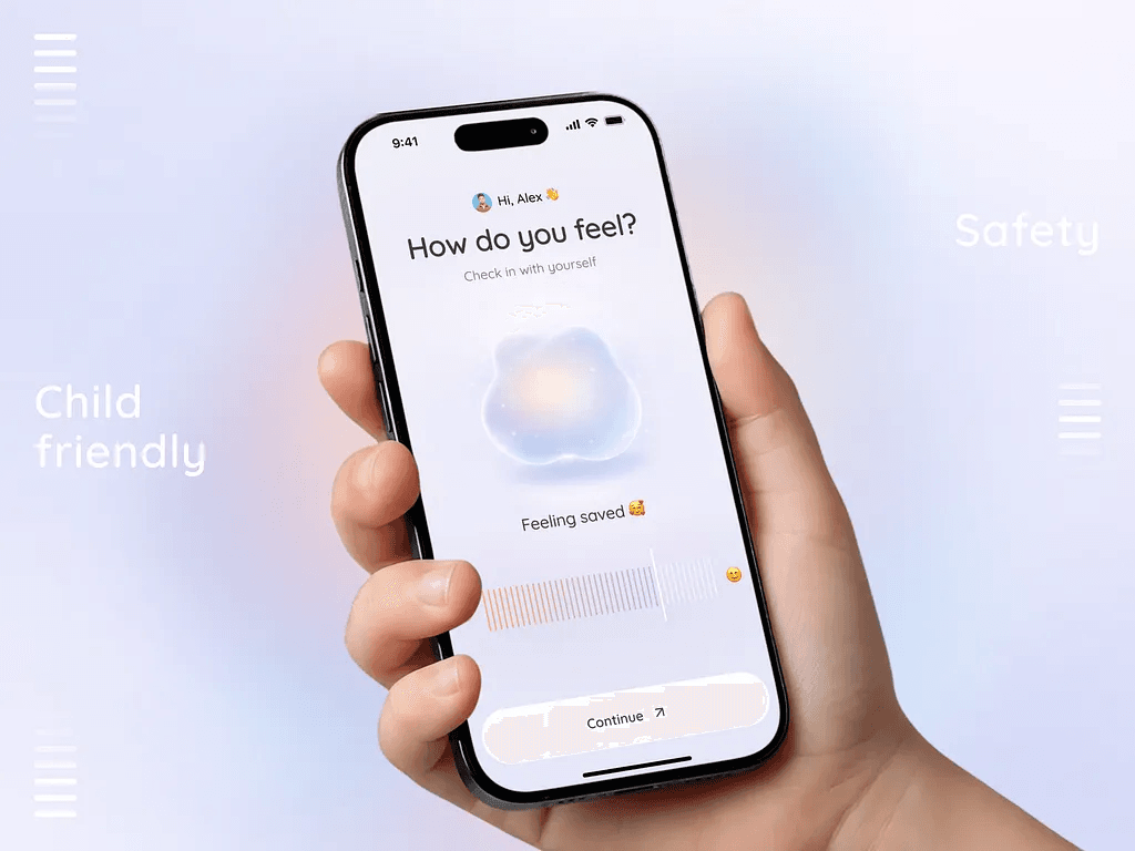 Mood check-in screen of a wellbeing app, held in one hand