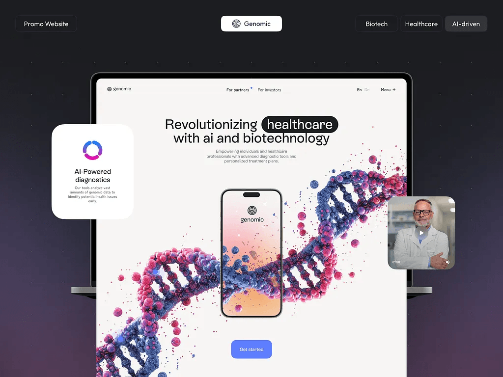 Healthcare and biotechnology site with a DNA visualisation