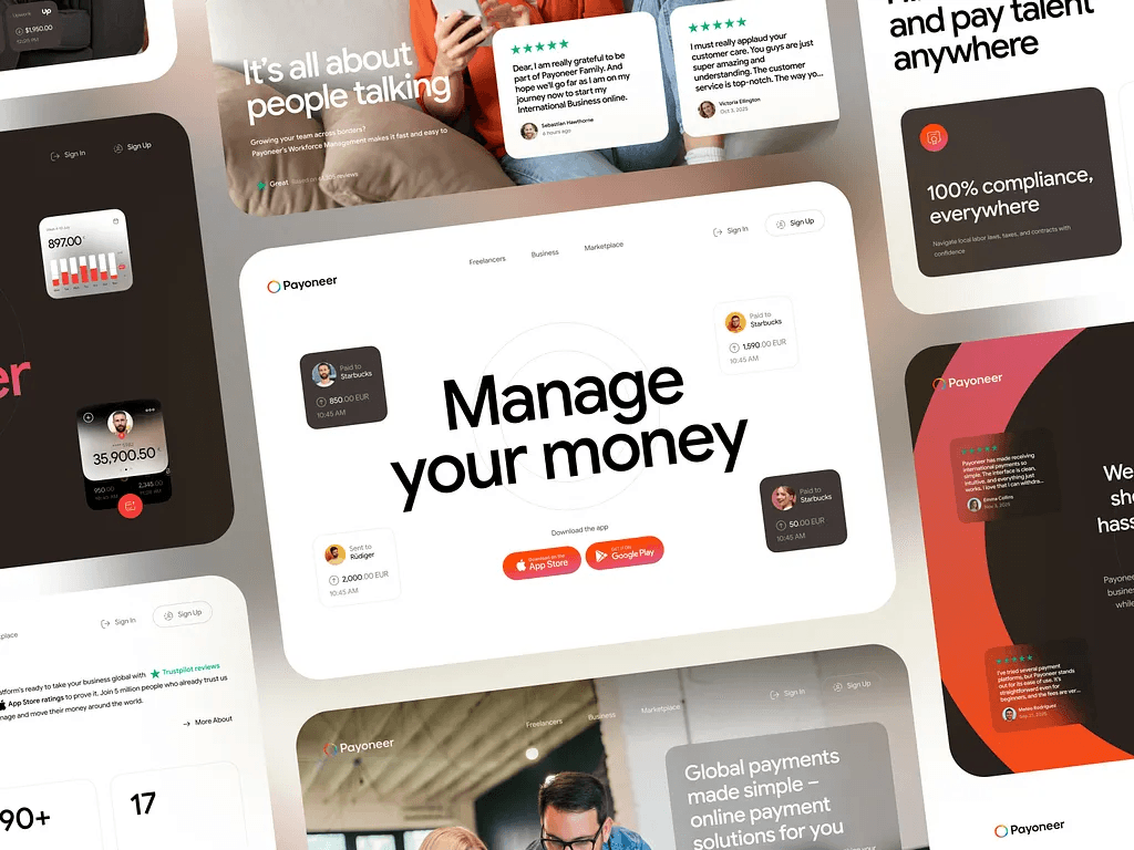 Payment cards and account screens for a money app