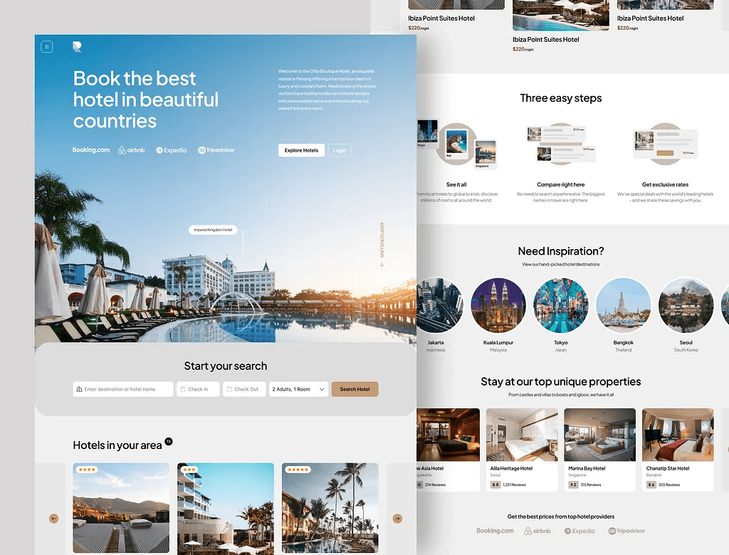 Search and listing screens of a hotel booking site