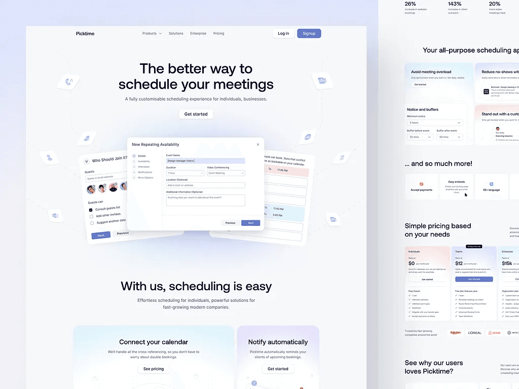Scheduling screens of a smart meetings platform