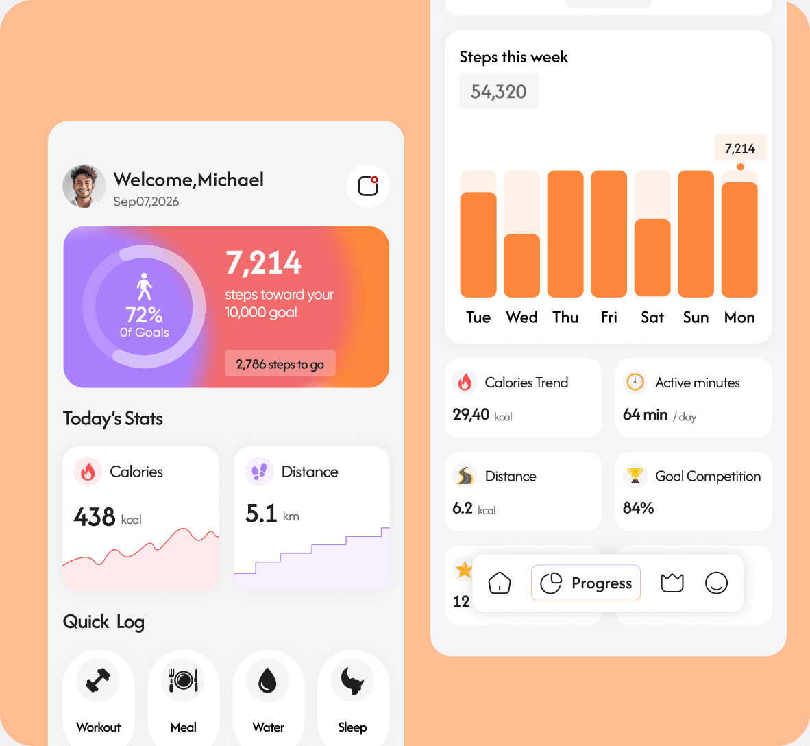 Two Fitlife phone screens on peach — a daily step ring with quick-log shortcuts, and a weekly steps bar chart.