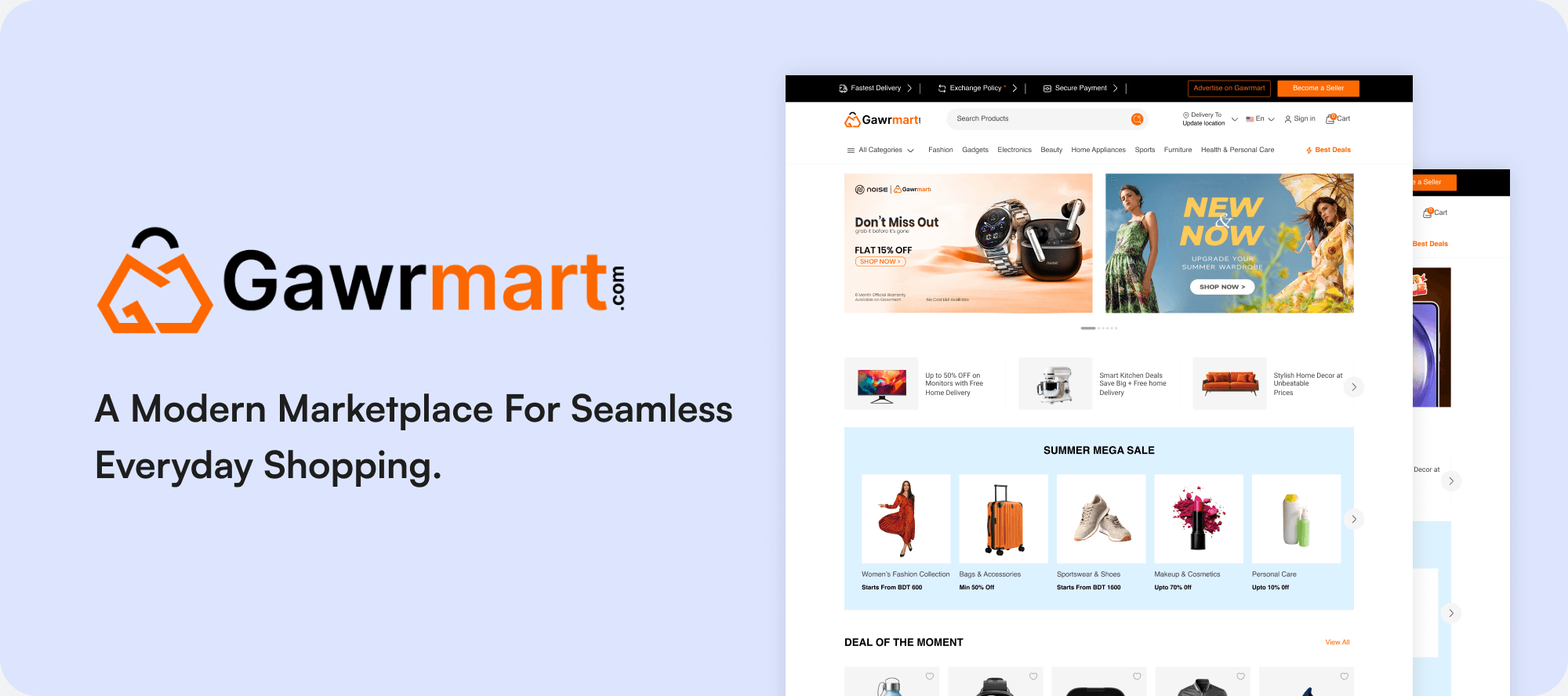The Gawrmart storefront on pale lilac, showing the category bar, a promo carousel and a summer sale product grid.